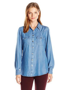 woman wearing tencel blue denim shirt