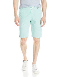 man wearing seersucker shorts