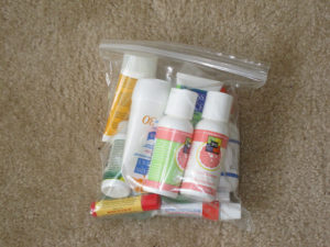 Toiletries for travel in ziploc bag