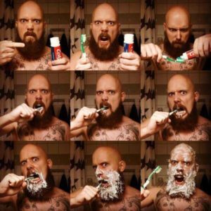 Collage of bearded man brushing his teeth
