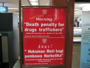 Death penalty for drug trafficking notice board at an airport